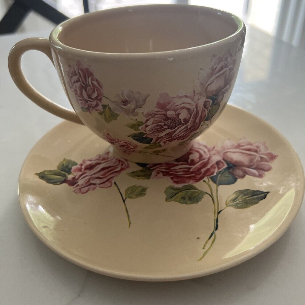 Teleflora Gift Cup & Saucer Beige With Pink Roses Set